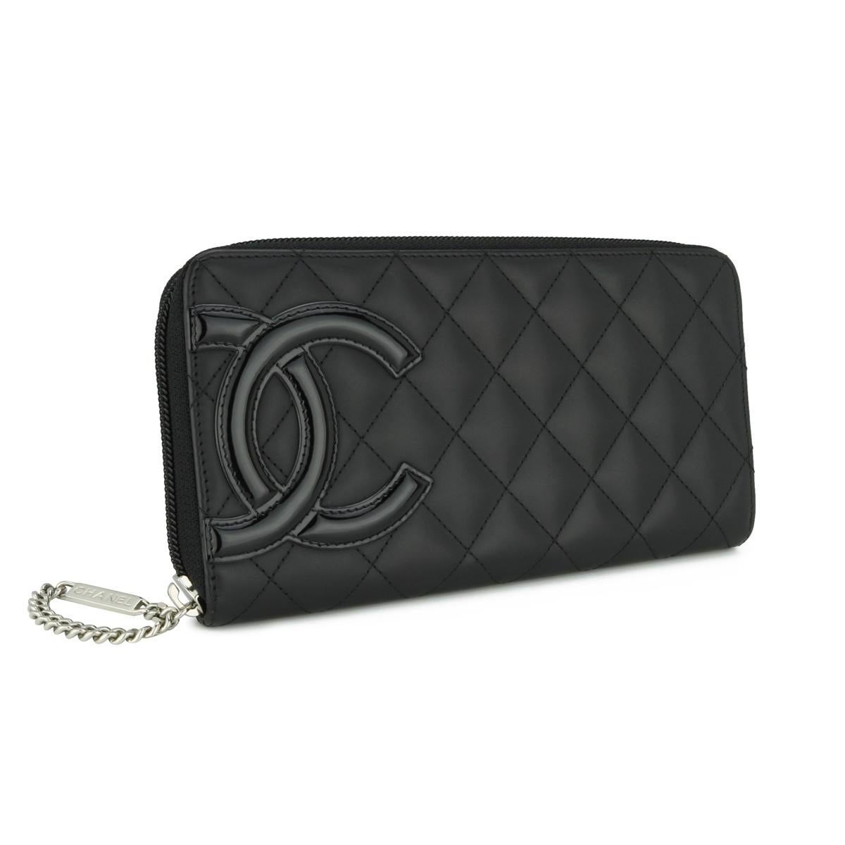 Chanel Quilted Cambon Long Zip Wallet Black Calfskin with Silver Hardware 2014 In Good Condition For Sale In Huddersfield, GB