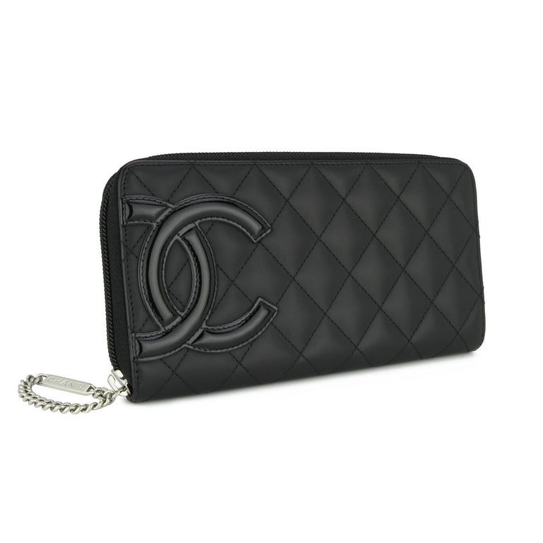 Chanel Quilted Cambon Long Zip Wallet Black Calfskin with Silver Hardware  2014 For Sale at 1stDibs