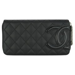 Chanel Quilted Cambon Long Zip Wallet Black Calfskin with Silver Hardware 2014