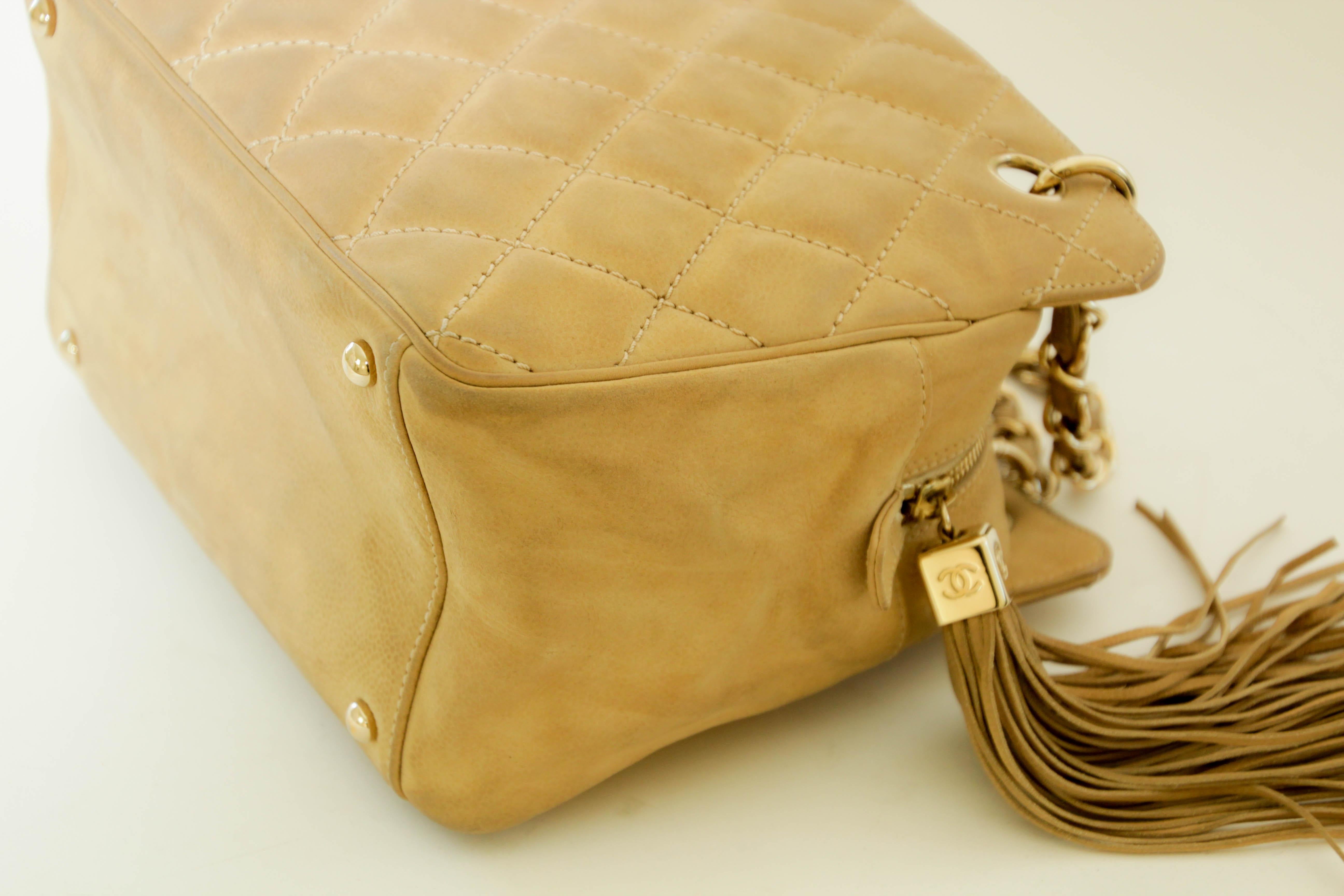CHANEL Quilted Camel Suede Shoulder Bag with a Tassel For Sale 5