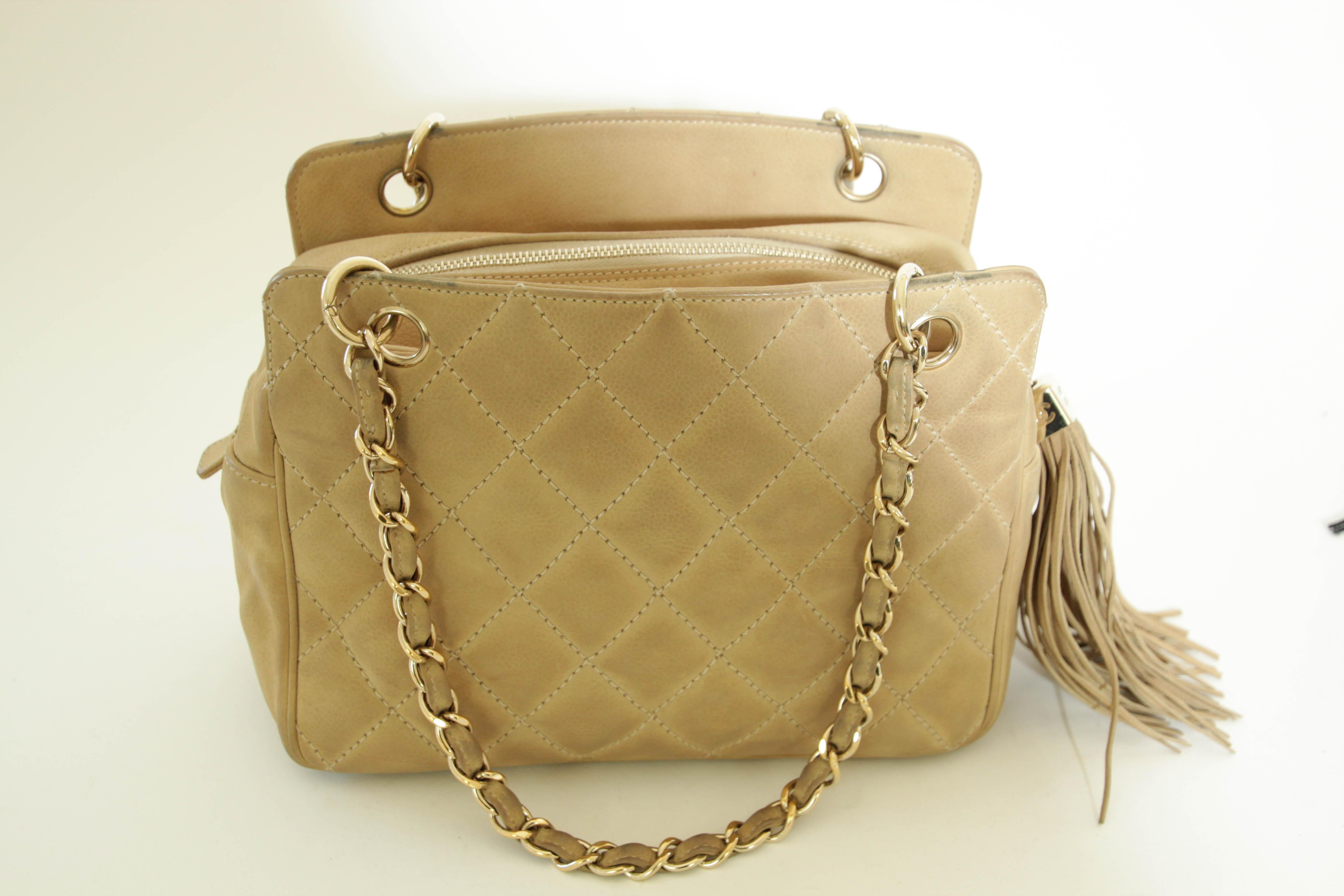 CHANEL Quilted Camel Suede Shoulder Bag with a Tassel For Sale 7
