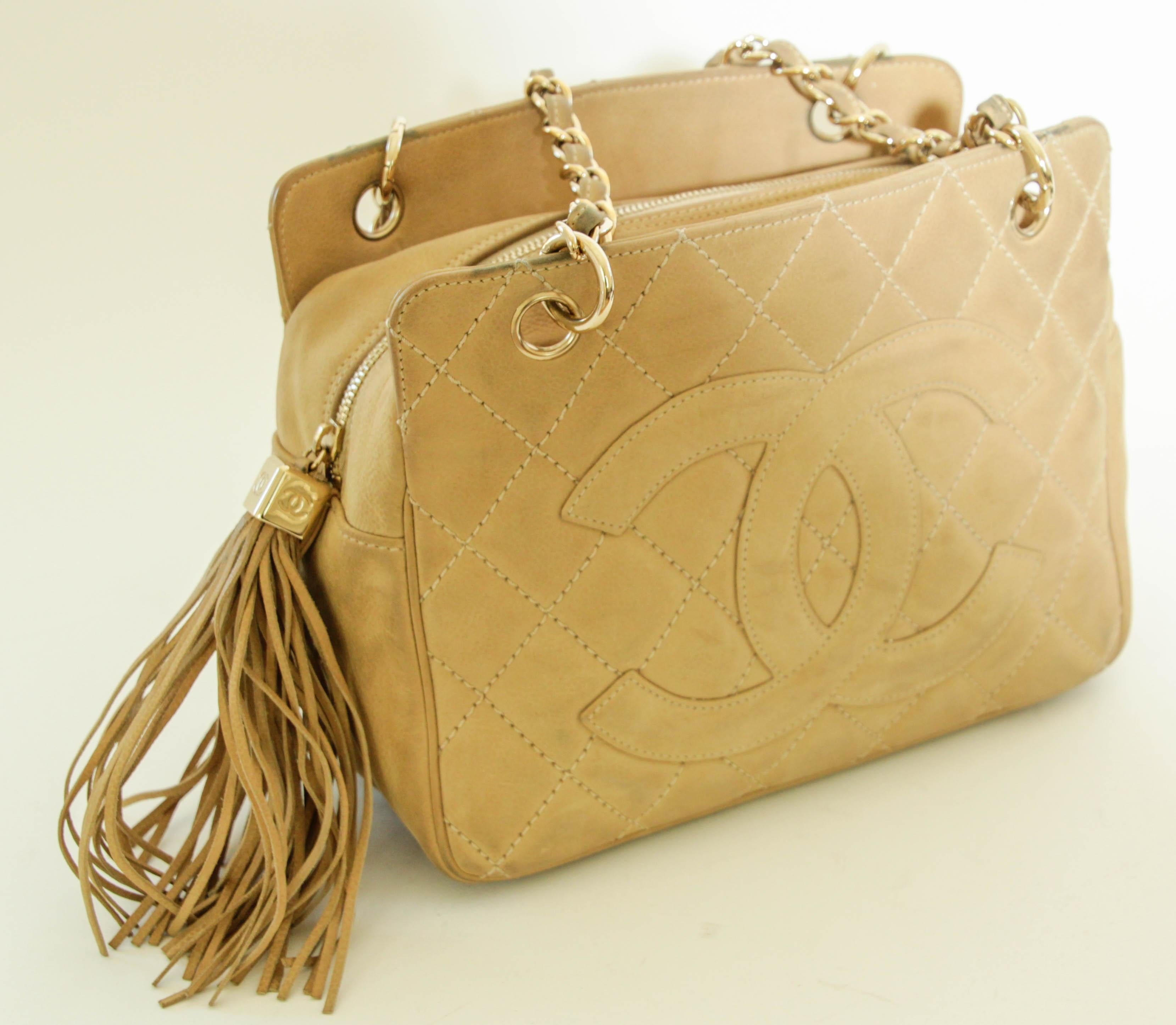 CHANEL Quilted Camel Suede Shoulder Bag with a Tassel For Sale 8