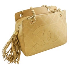 Chanel Vintage 2004-2005 Camel Suede Quilted Tote Bag with Tassel