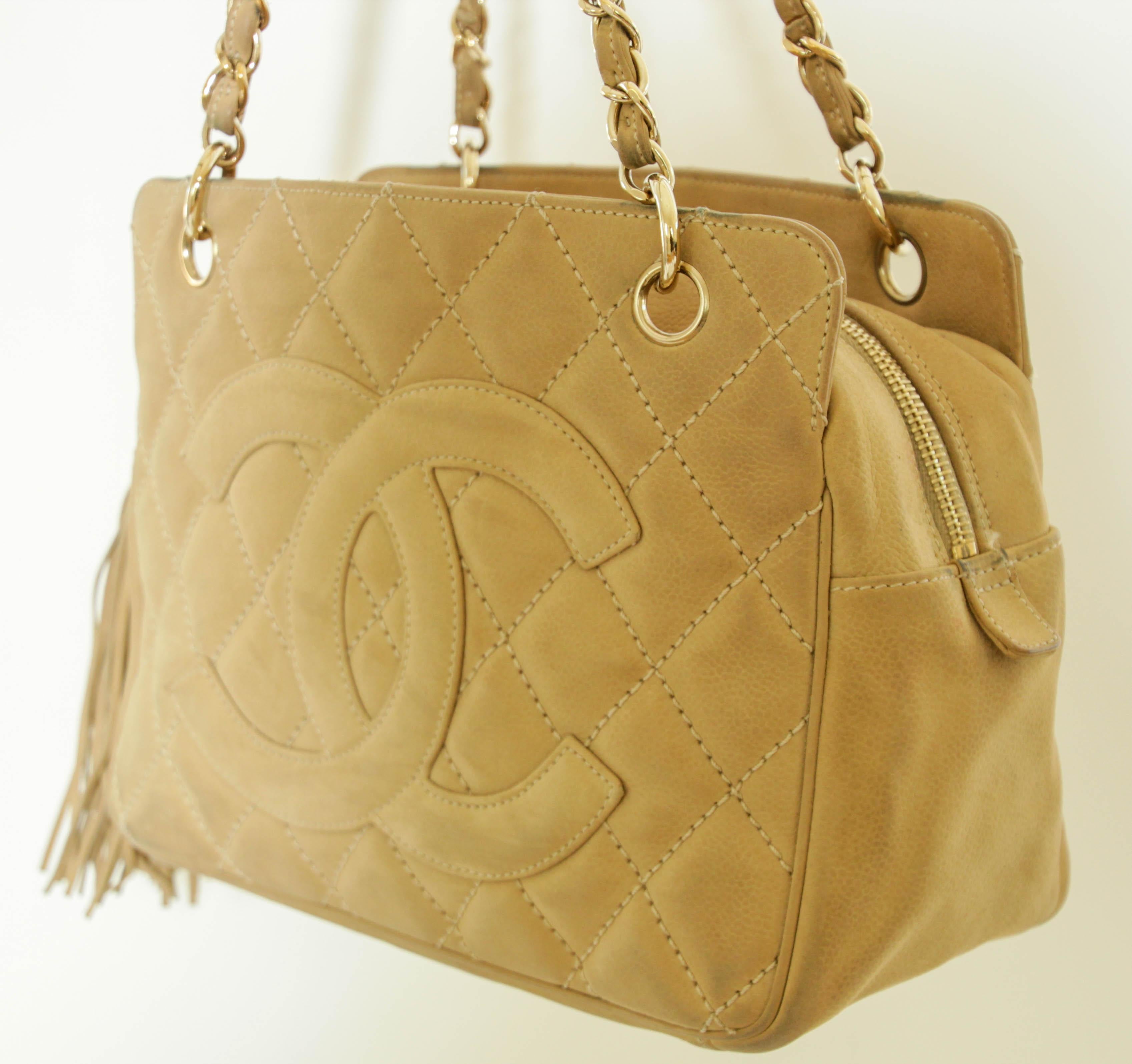 CHANEL Quilted Camel Suede Shoulder Bag with a Tassel For Sale 9