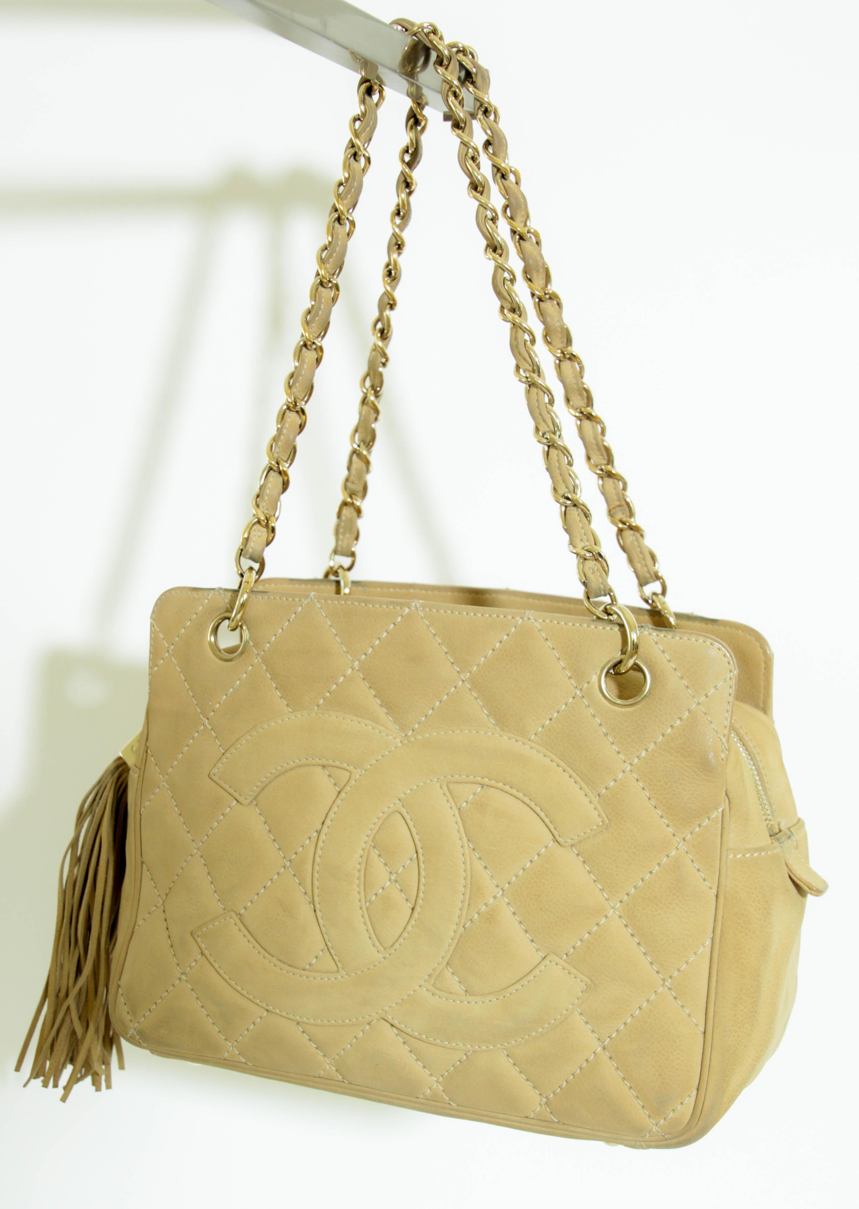 CHANEL Quilted Camel Suede Shoulder Bag with a Tassel For Sale 10