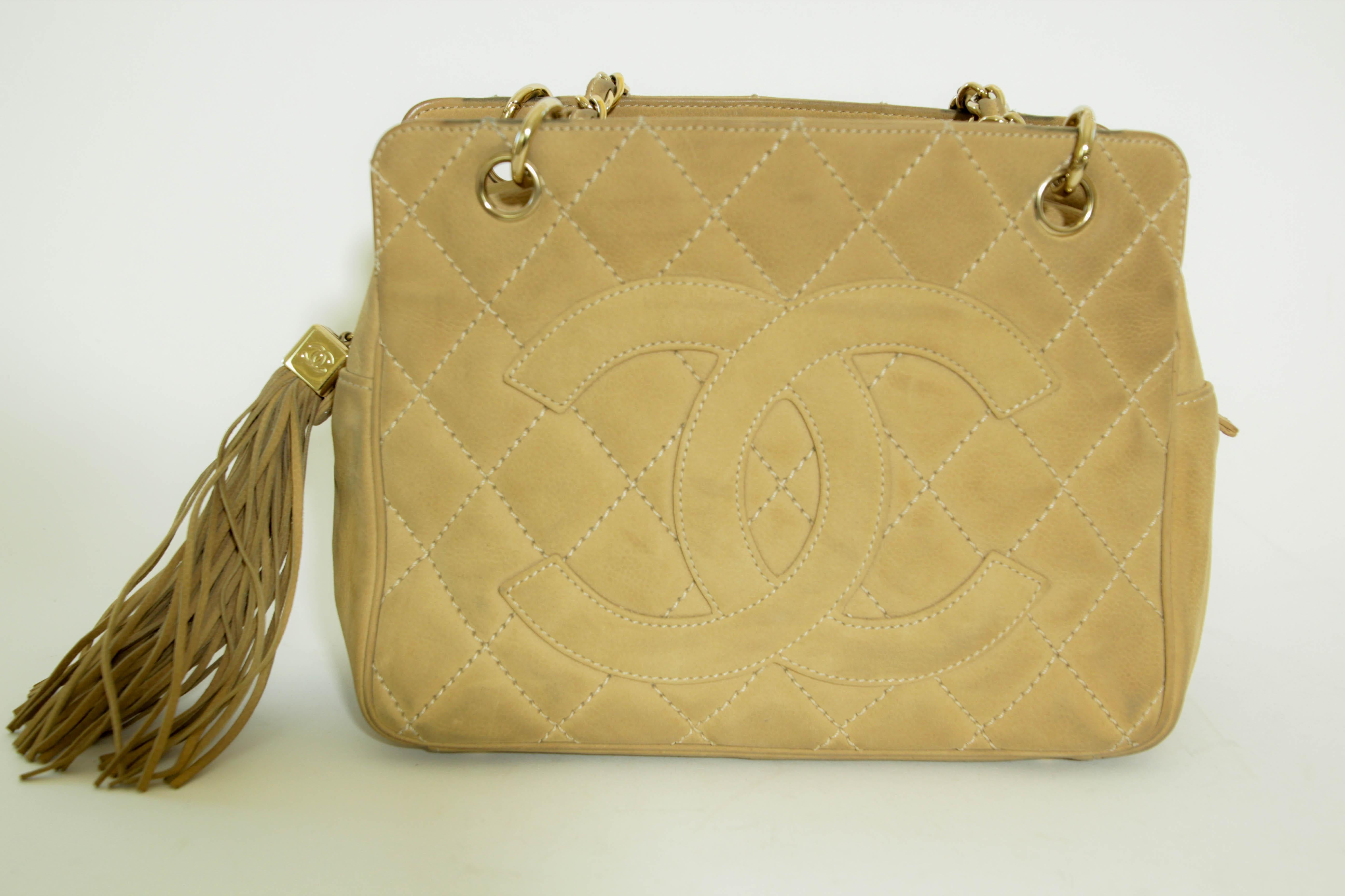 CHANEL Quilted Camel Suede Shoulder Bag with a Tassel For Sale 11