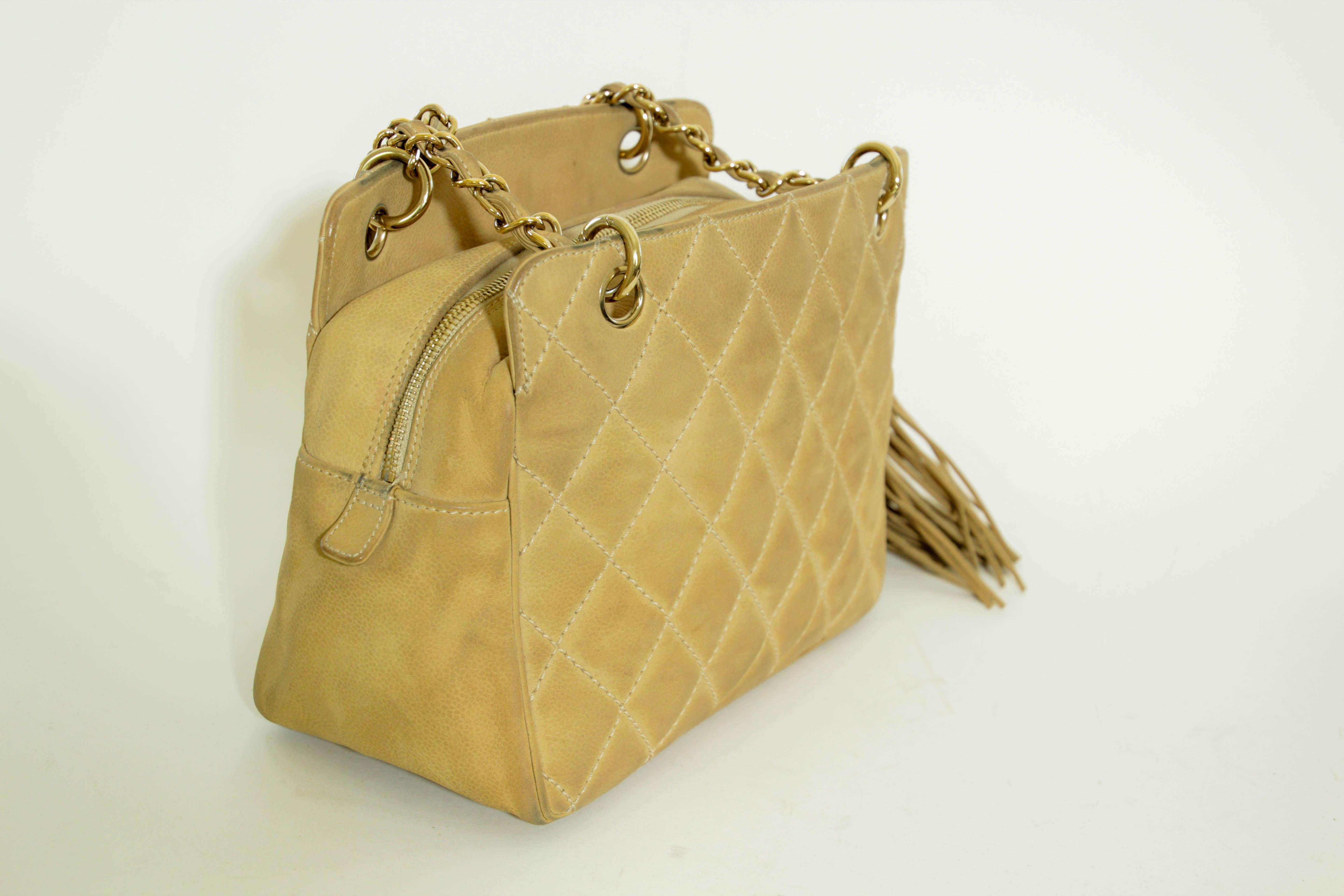 CHANEL Quilted Camel Suede Shoulder Bag with a Tassel For Sale 13