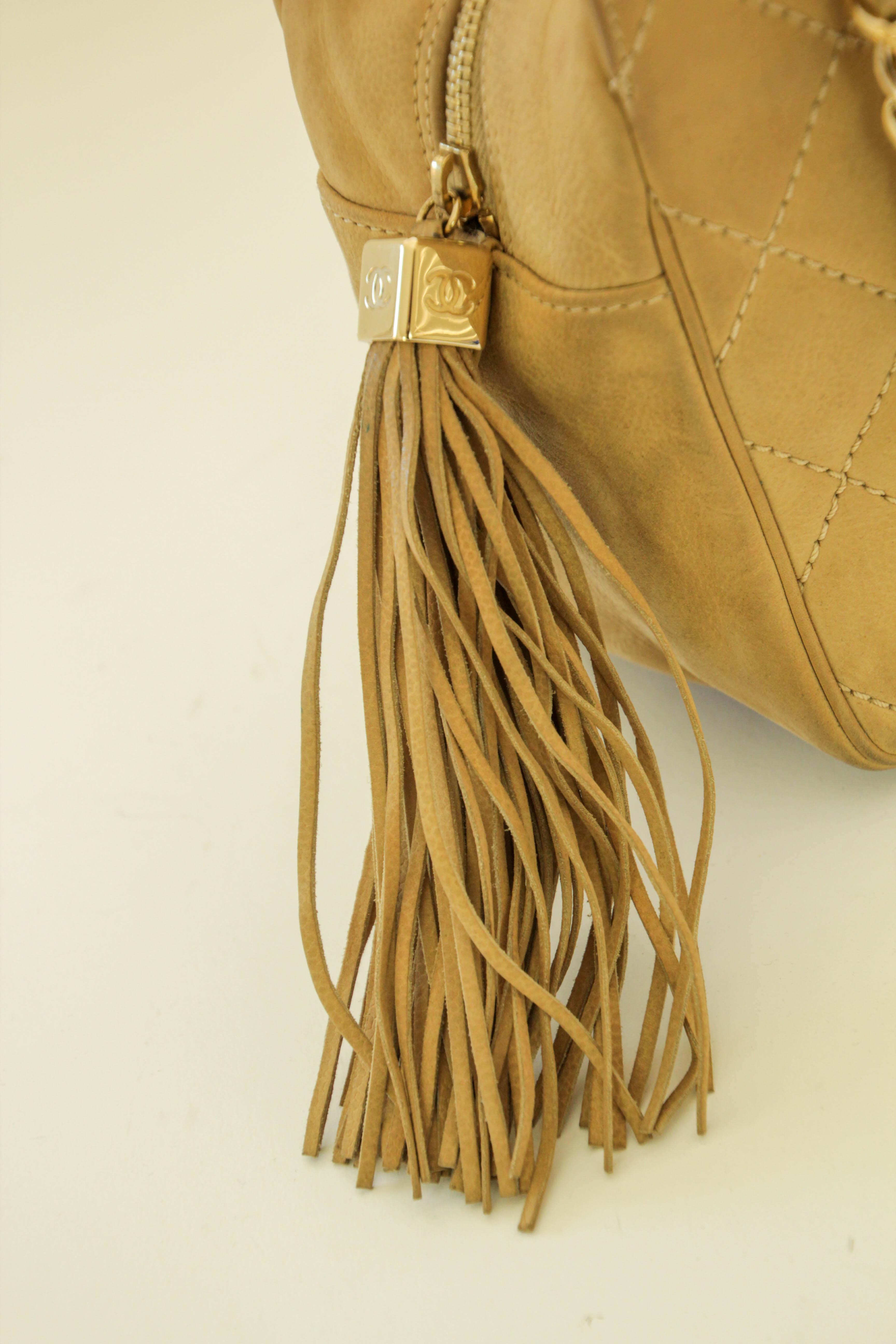 Black CHANEL Quilted Camel Suede Shoulder Bag with a Tassel For Sale