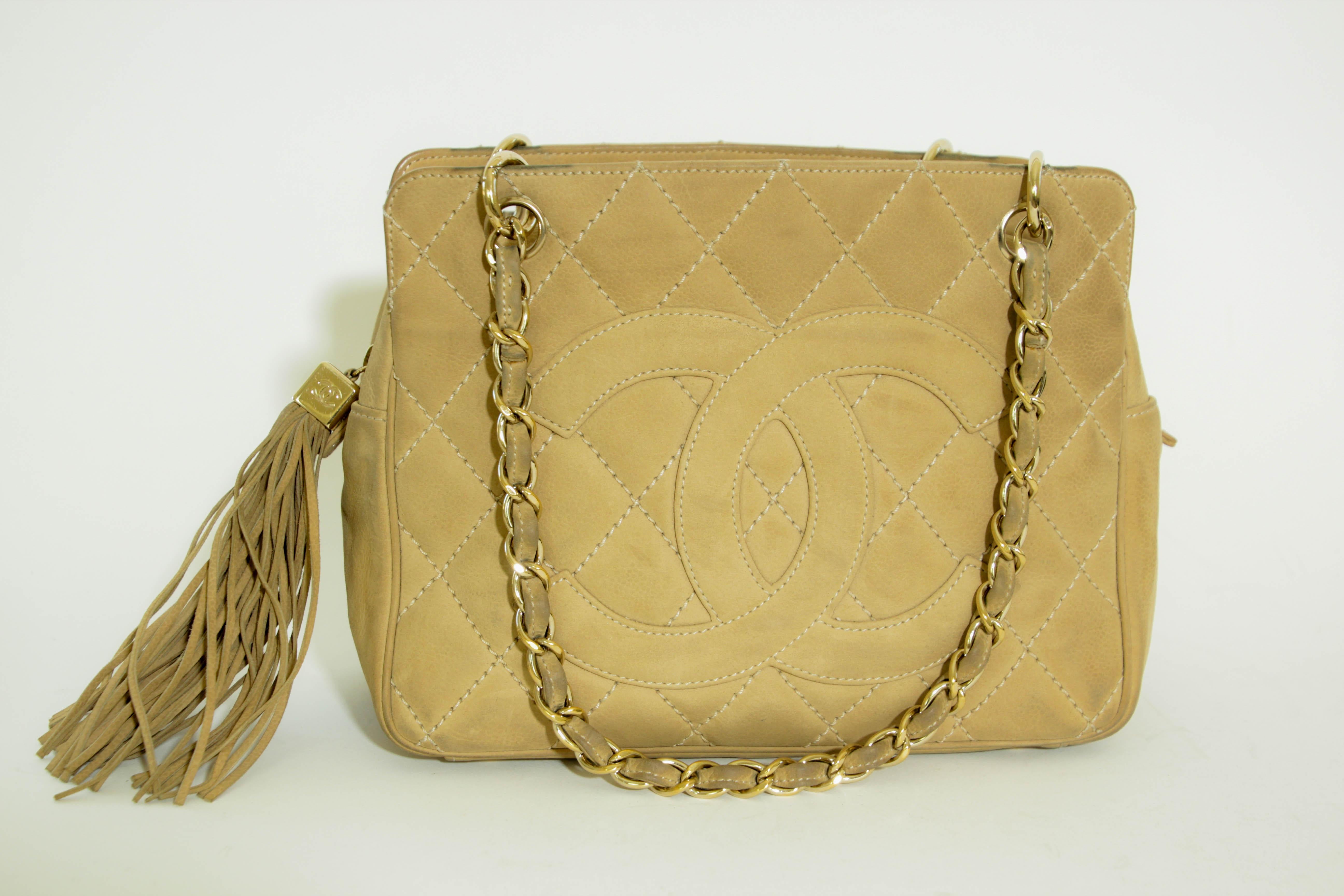 CHANEL Quilted Camel Suede Shoulder Bag with a Tassel In Good Condition For Sale In North Hollywood, CA