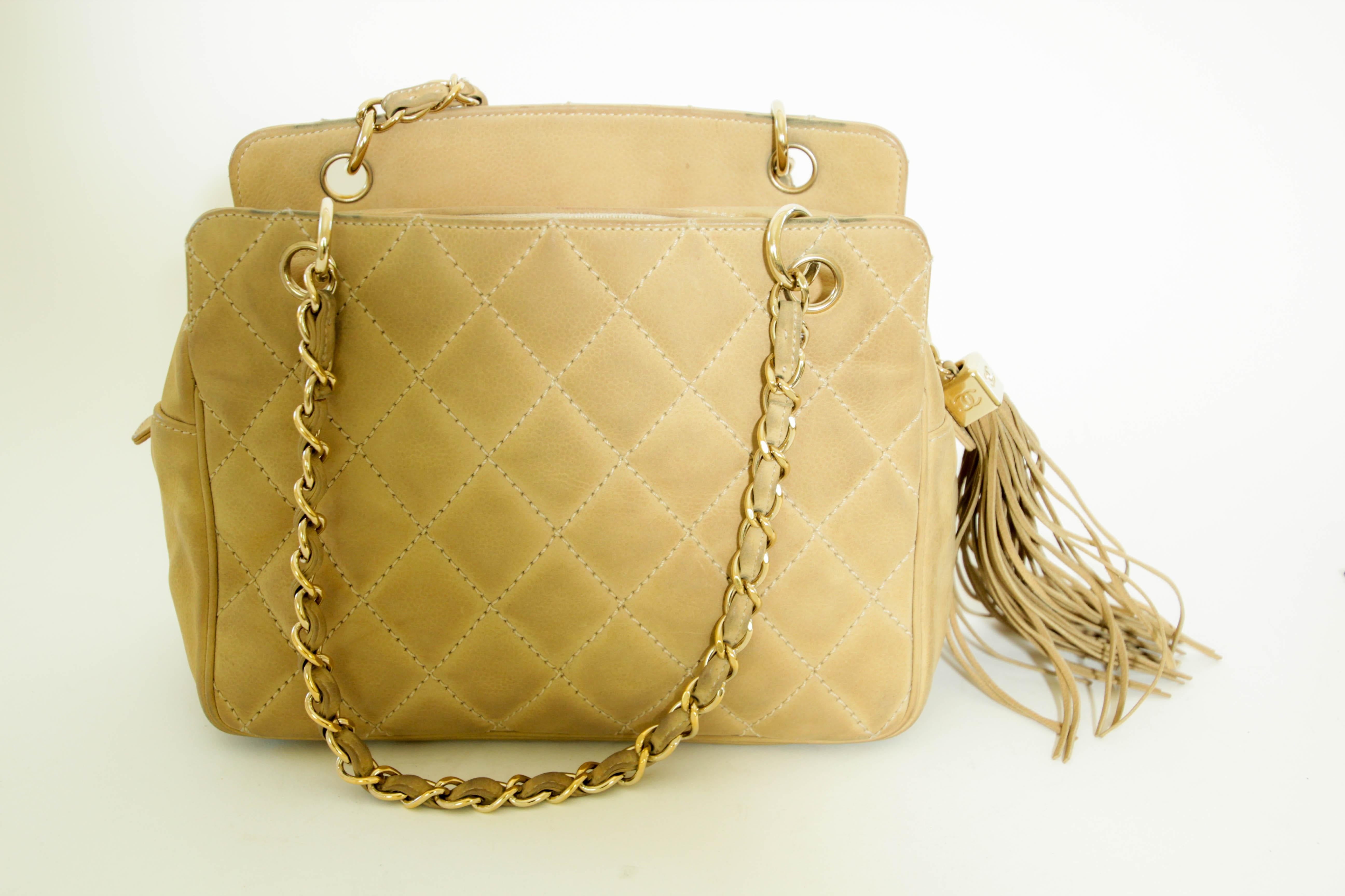 CHANEL Quilted Camel Suede Shoulder Bag with a Tassel For Sale 1