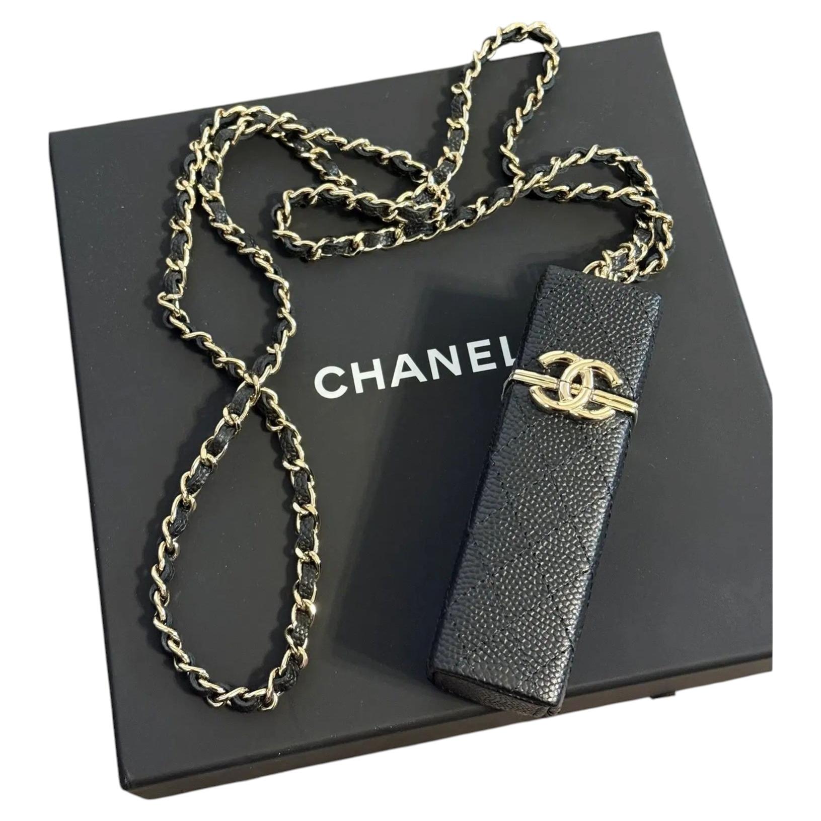 Chanel Quilted Caviar Black Leather CC Lipstick Case with Gold Chain For Sale
