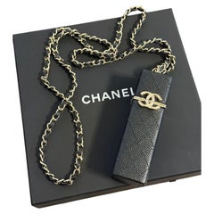 Chanel Quilted Caviar Black Leather CC Lipstick Case with Gold Chain