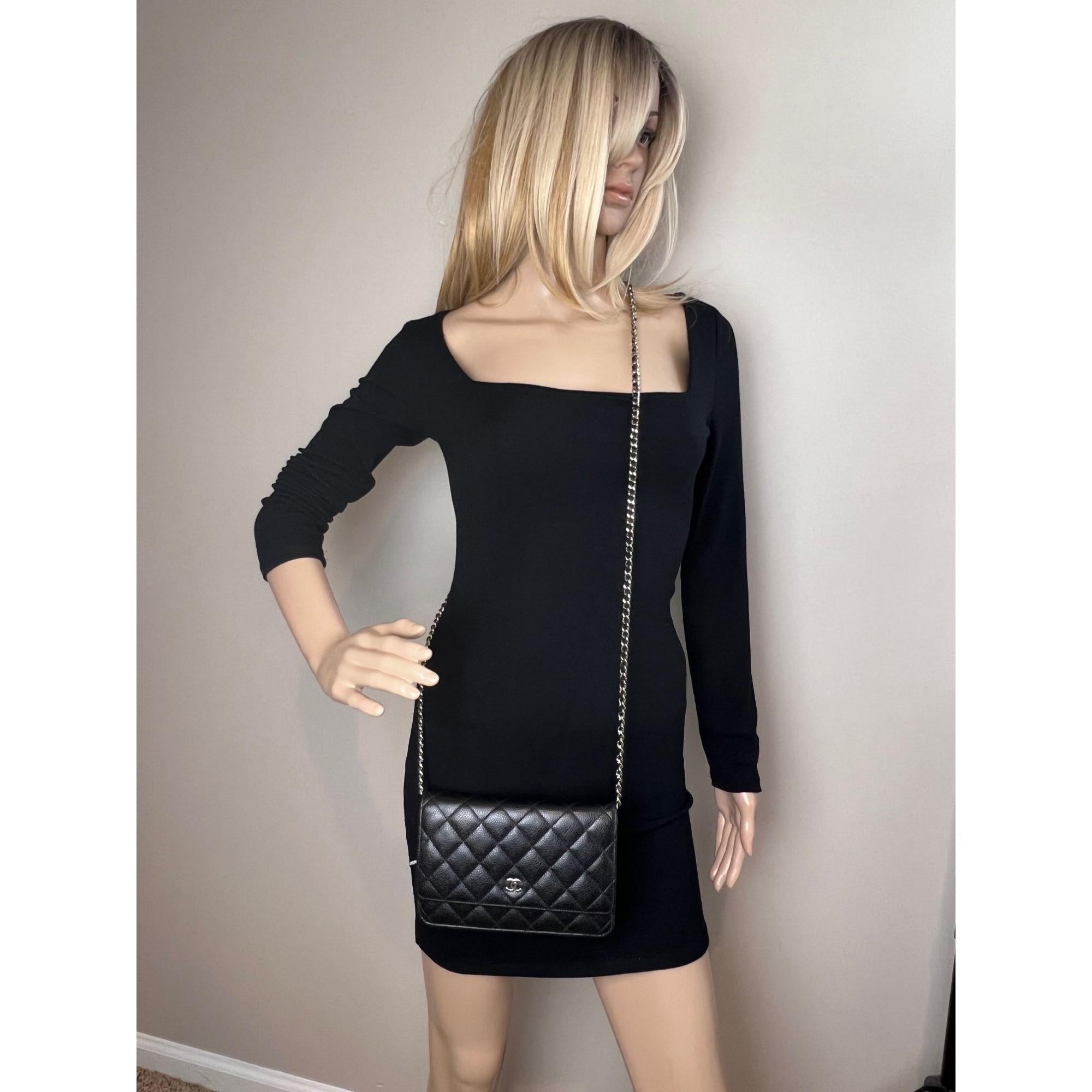 Black Chanel Quilted Caviar Calfskin Wallet on a Chain Clutch For Sale