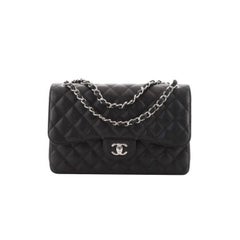Chanel Quilted Caviar Jumbo Classic Double Flap Bag Silver Hardware Black