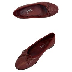 Chanel Quilted Caviar Leather in Dark Red Bow Front Ballet Flats 36