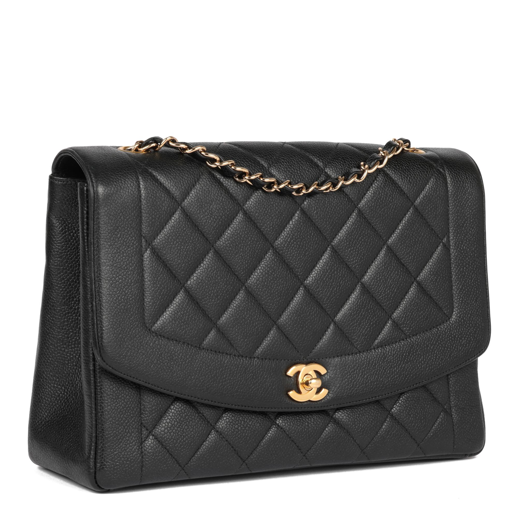 CHANEL
Black Quilted Caviar Leather Vintage Diana Large Classic Single Flap Bag

Xupes Reference: CB901
Serial Number: 4788612
Age (Circa): 1996
Accompanied By: Chanel Dust Bag 
Authenticity Details: Serial Sticker (Made in France)
Gender: