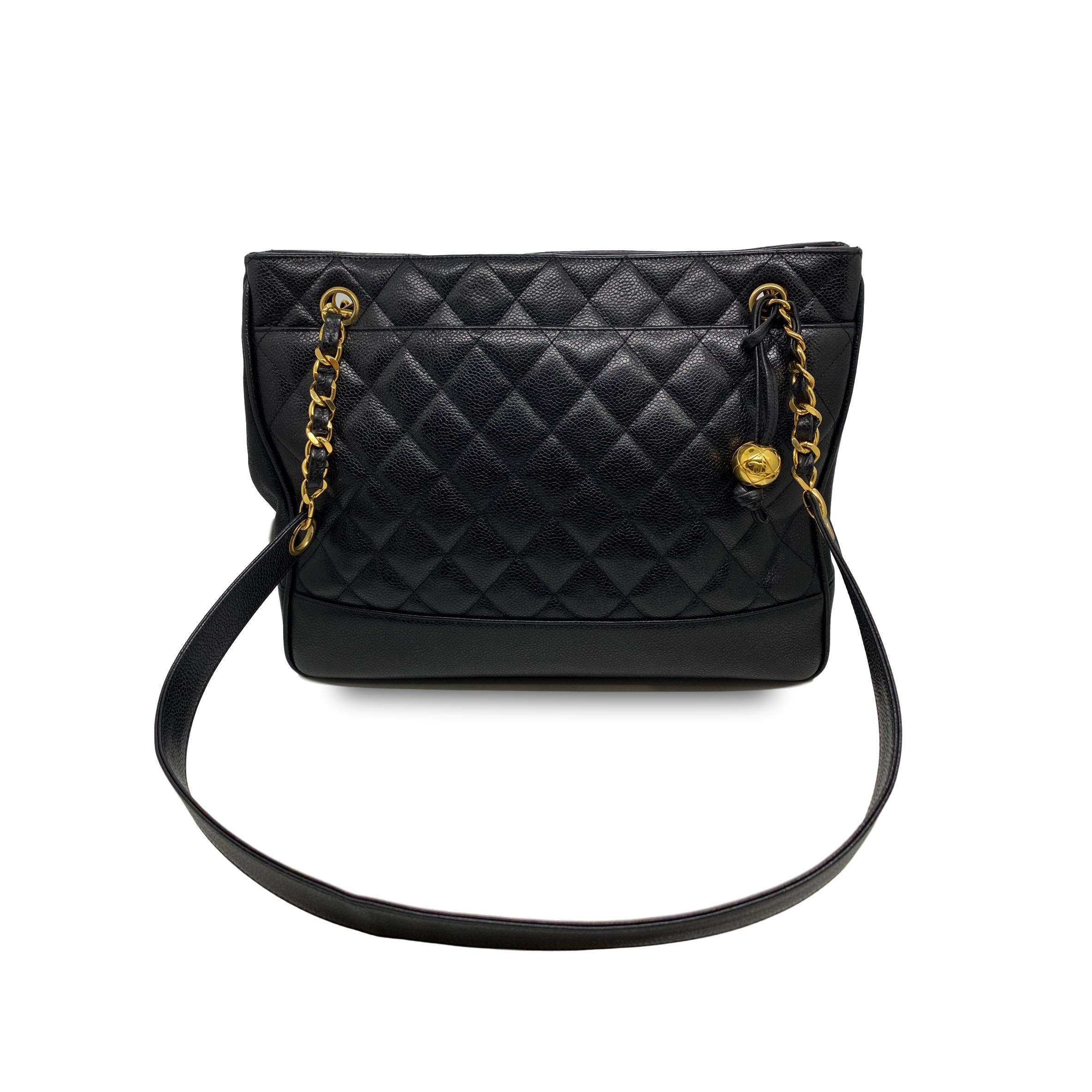 Black Chanel Quilted Caviar Leather Vintage Timeless Medium Chain Shoulder Bag, 1994.