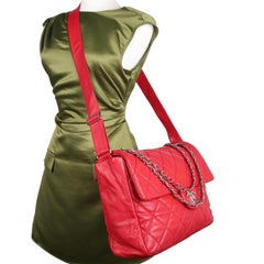 CHANEL Quilted Caviar Leather XL Classic Flap Messenger Bag Red