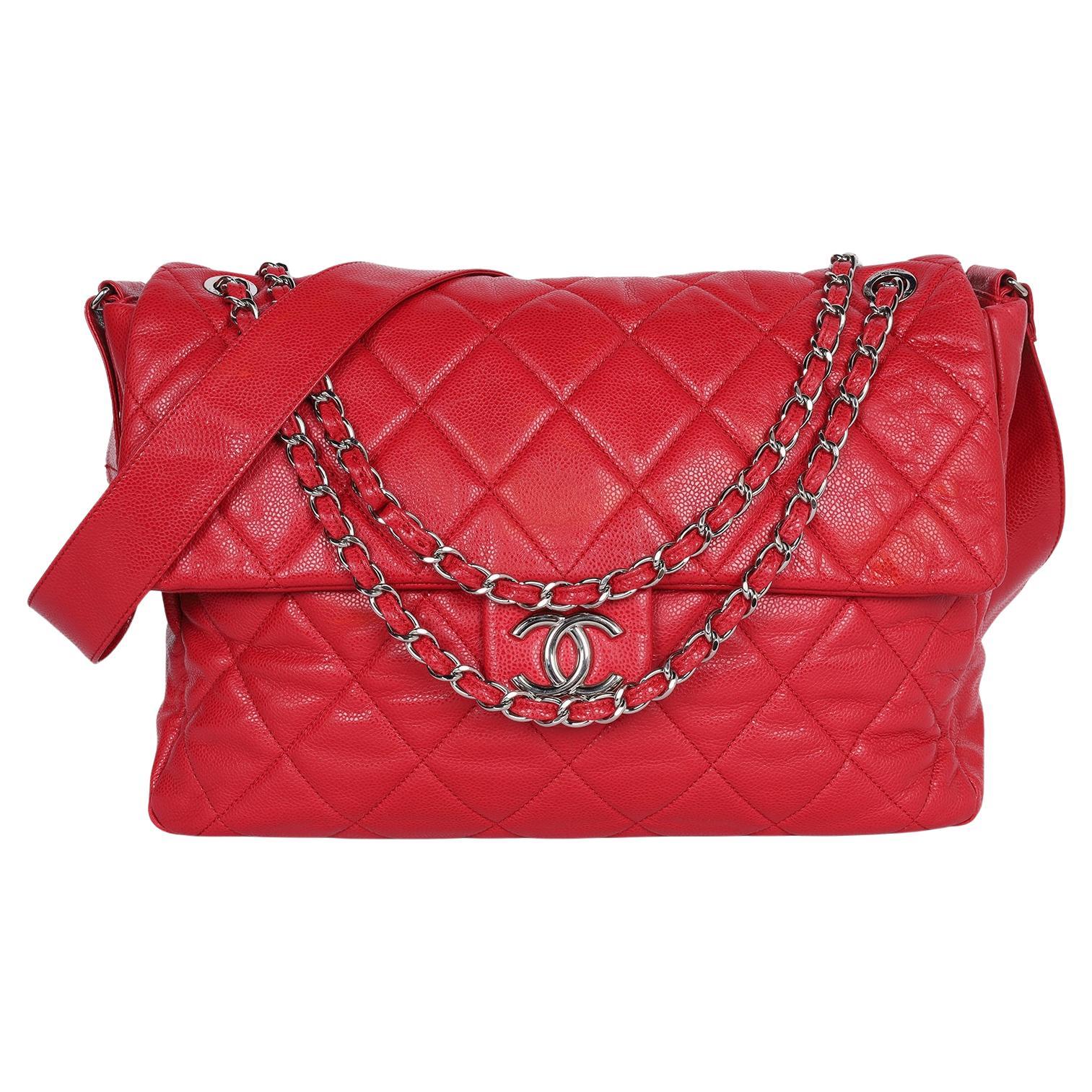 CHANEL Quilted Caviar Leather XL Classic Flap Messenger Bag Red