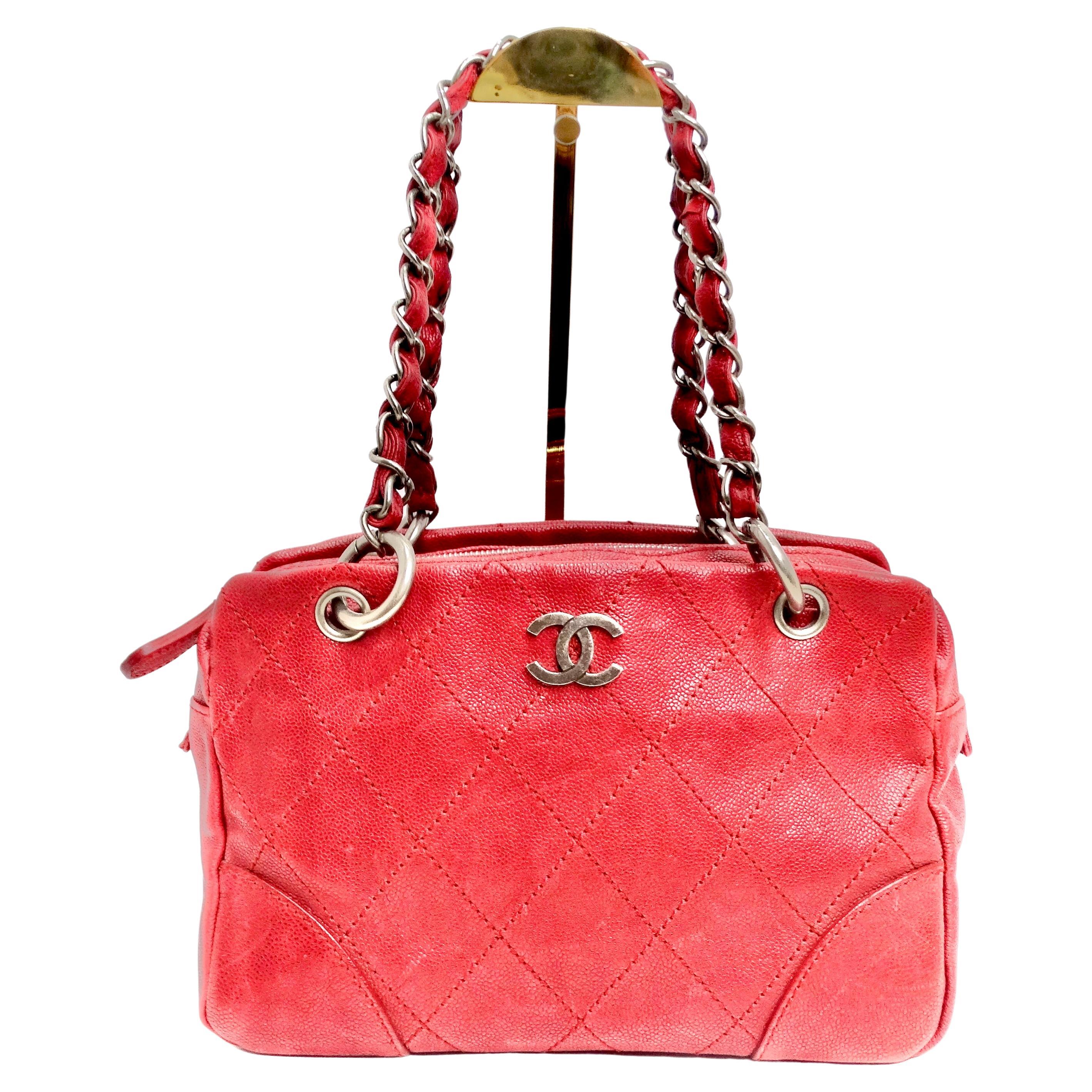 Chanel Quilted Caviar Red Leather Shoulder Bag For Sale