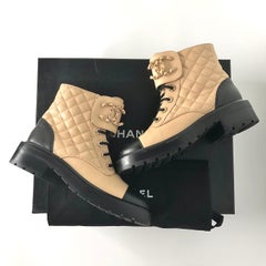 Chanel Quilted CC Chain Logo Lambskin Calfskin Cap Toe Combat Short Boots 37