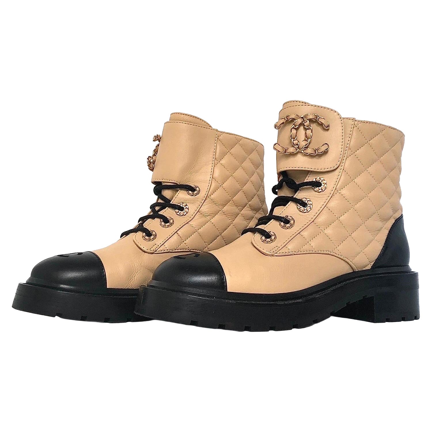 Chanel Quilted CC Chain Logo Lambskin Calfskin Cap Toe Combat Short Boots 37