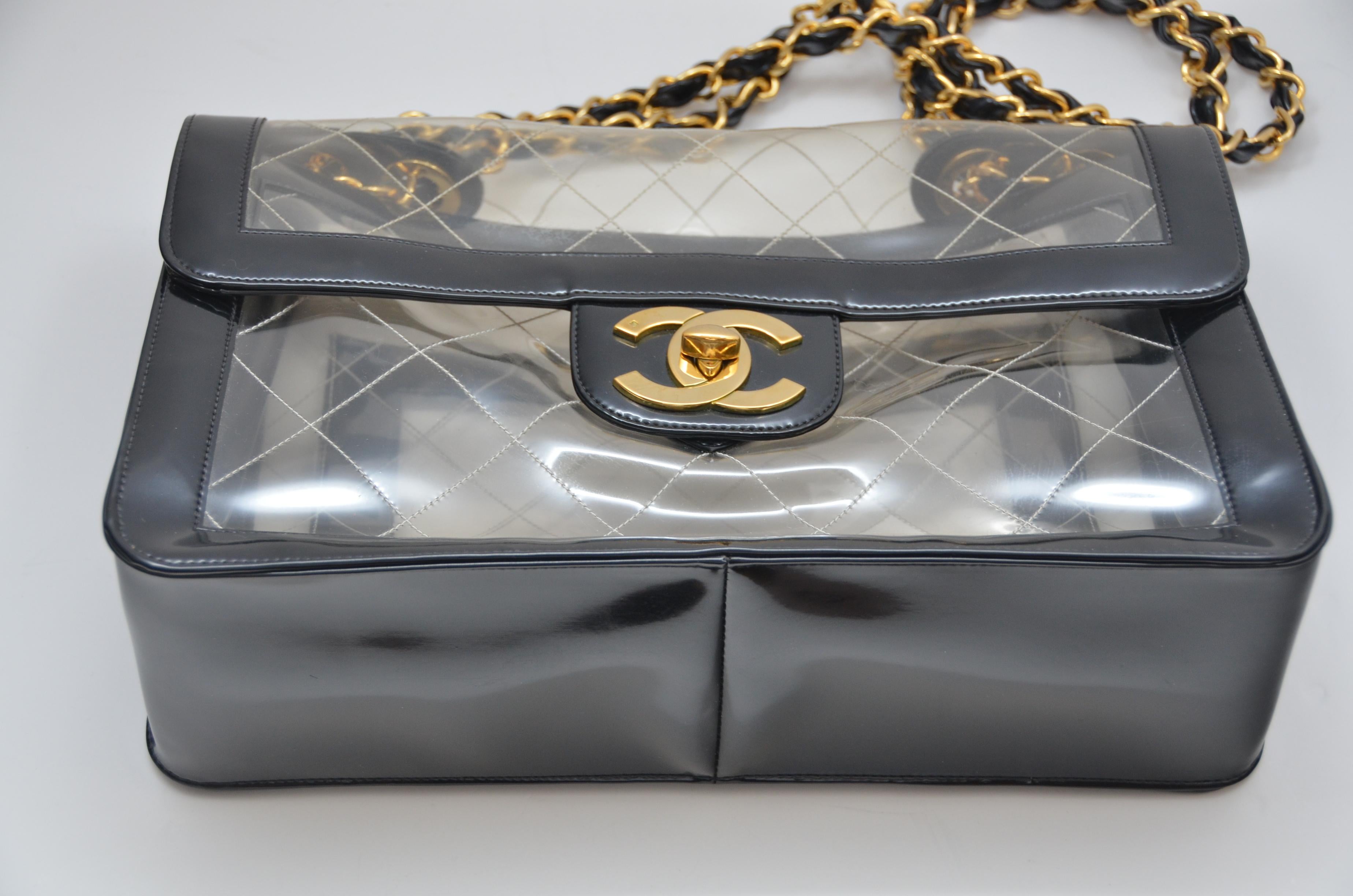 CHANEL Quilted CC Jumbo Double Chain Shoulder Bag Clear Black Vinyl  1