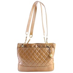 Vintage Chanel Quilted Chain Zip Tote 223686 Light Brown Leather Shoulder Bag