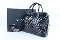 Chanel Quilted Chebron 224196 Black Patent Leather Satchel