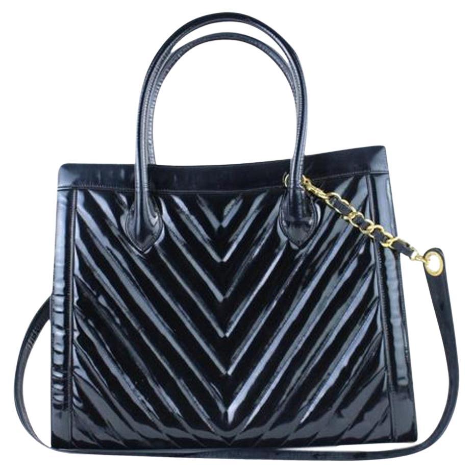 Chanel Quilted Chevron 2way Tote 221916 Black Patent Leather Shoulder Bag For Sale