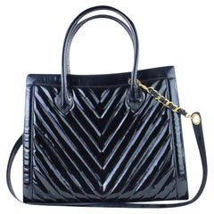 Chanel Quilted Chevron 2way Tote 221916 Black Patent Leather Shoulder Bag