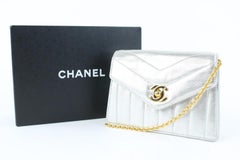 Chanel Quilted Chevron Mini Flap 03cz0717 Silver Metallic Leather Cross Body Bag