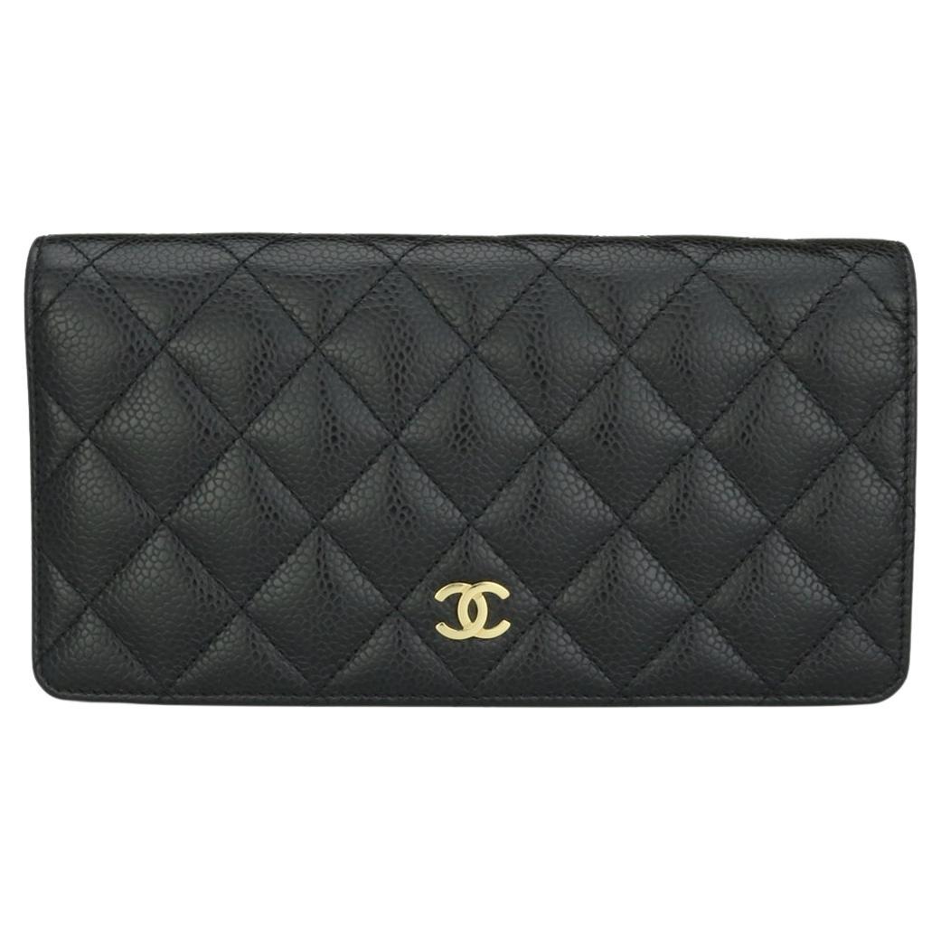 Chanel Quilted Classic Long Flap Yen Wallet in Black Caviar Gold Hardware 2017 For Sale