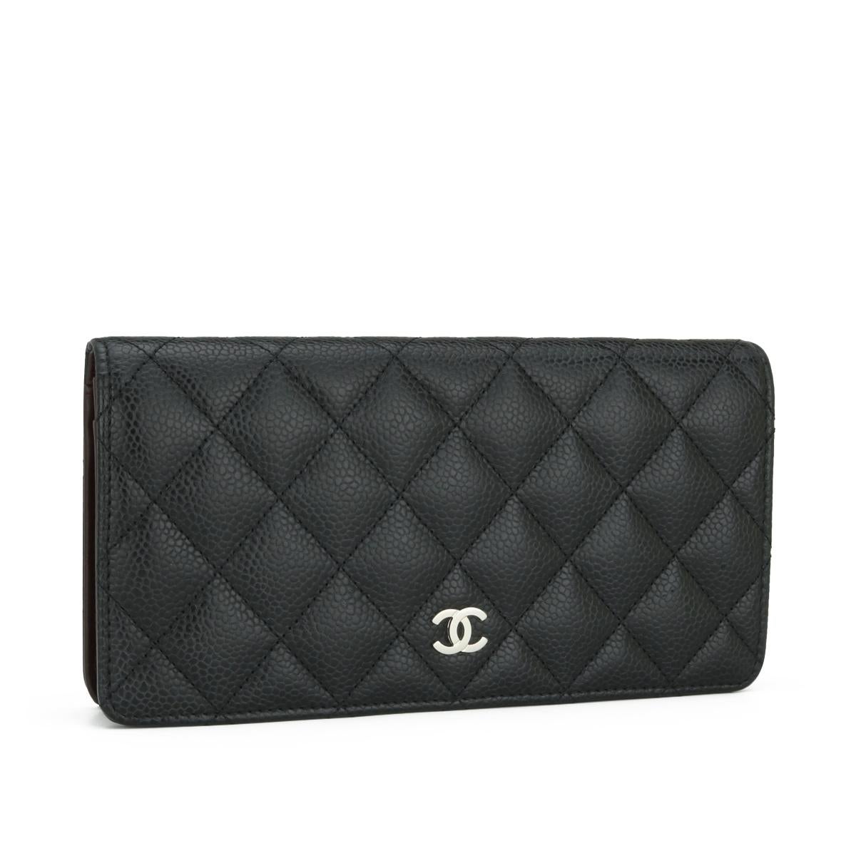 Women's or Men's Chanel Quilted Classic Long Flap Yen Wallet in Black Caviar Silver Hardware 2014 For Sale