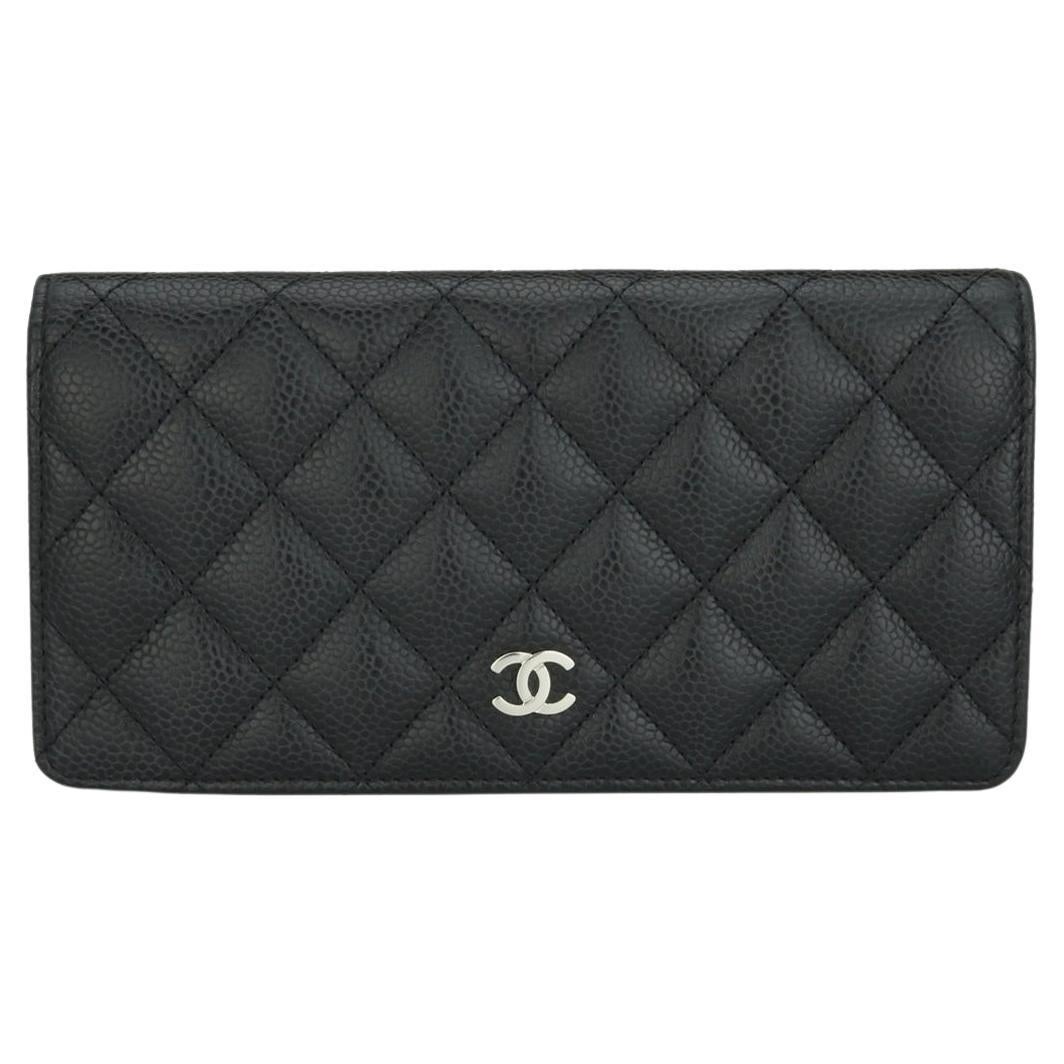 Chanel Quilted Classic Long Flap Yen Wallet in Black Caviar Silver Hardware 2014 For Sale