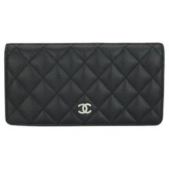 Chanel Quilted Classic Long Flap Yen Wallet in Black Caviar Silver Hardware 2014