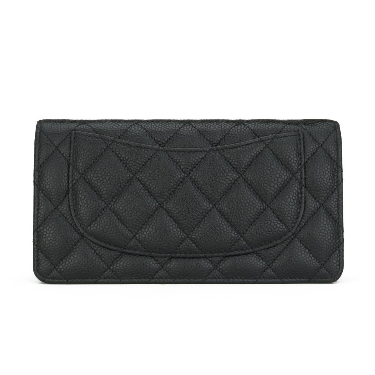 Chanel Quilted Classic Long Flap Yen Wallet in Black Caviar Silver Hardware 2015 In Excellent Condition For Sale In Huddersfield, GB
