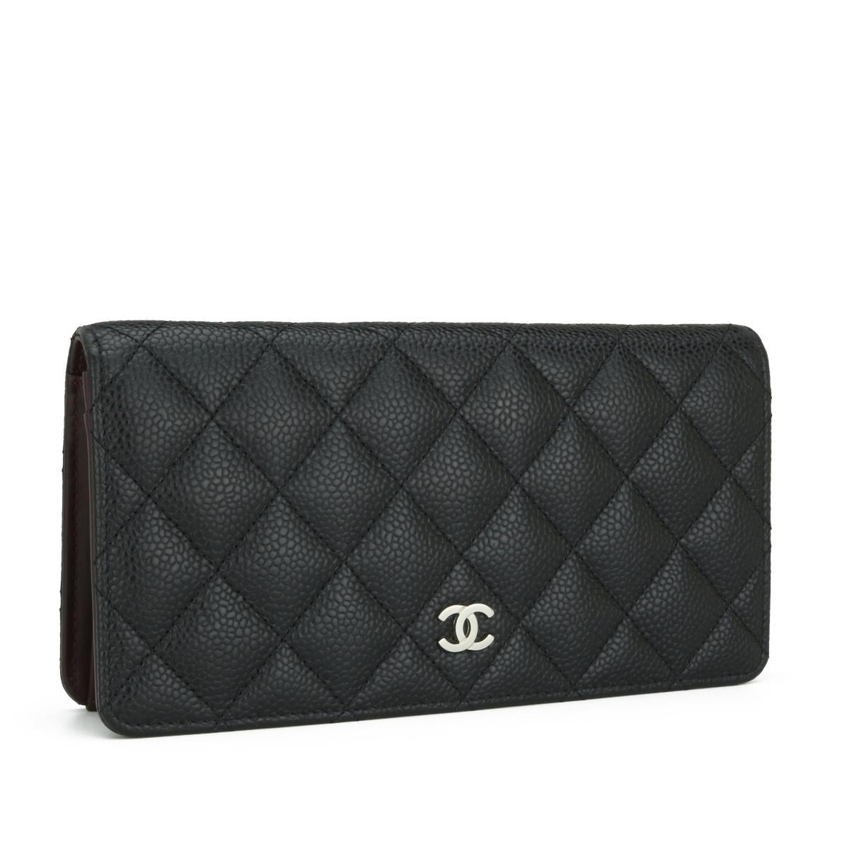 Women's or Men's Chanel Quilted Classic Long Flap Yen Wallet in Black Caviar Silver Hardware 2015 For Sale
