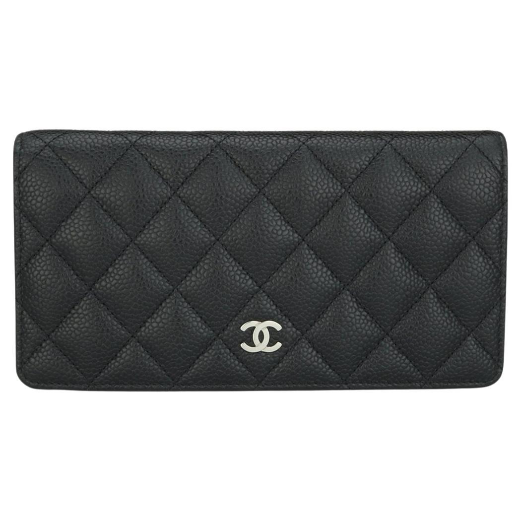 Chanel Quilted Classic Long Flap Yen Wallet in Black Caviar Silver Hardware 2015 For Sale