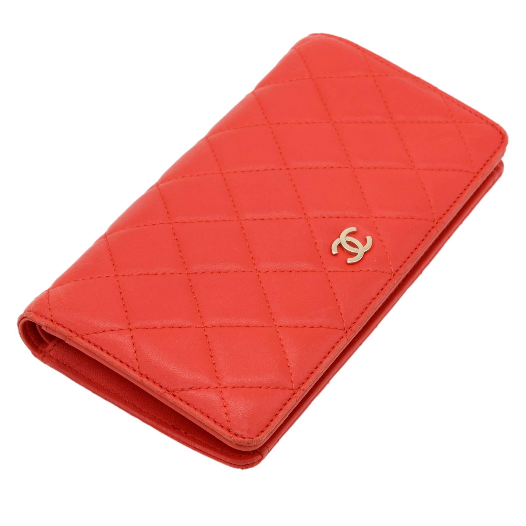 Chanel Quilted Coral Lambskin Leather Yen Continental Wallet, 2009 - 2010. Exceptionally made, this highly sought after and popular piece was produced between 2009 - 2010 under the direction of Karl Lagerfeld baring a serial code of 