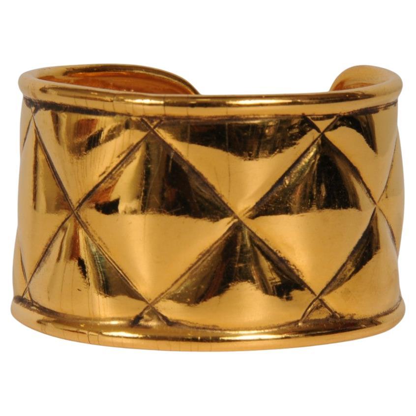 Chanel Quilted Cuff Bracelet Gold Metal Vintage CC Logo Wide Bangle Quilted