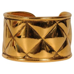 Chanel Quilted Cuff Bracelet Gold Metal Vintage CC Logo Wide Bangle Quilted