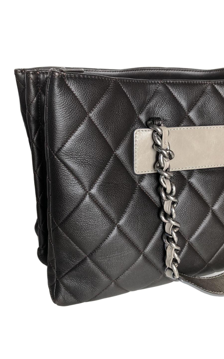 Chanel Quilted Dark Brown Caviar Leather Tote For Sale 8