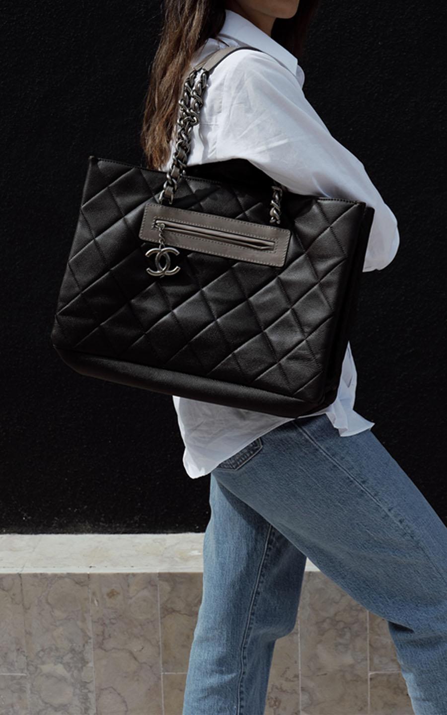 Chanel Quilted Dark Brown Caviar Leather Tote For Sale 3