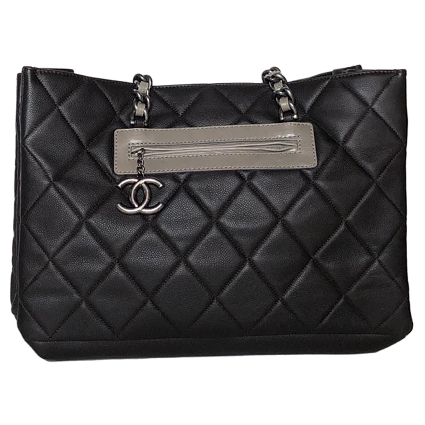 Chanel Quilted Dark Brown Caviar Leather Tote For Sale