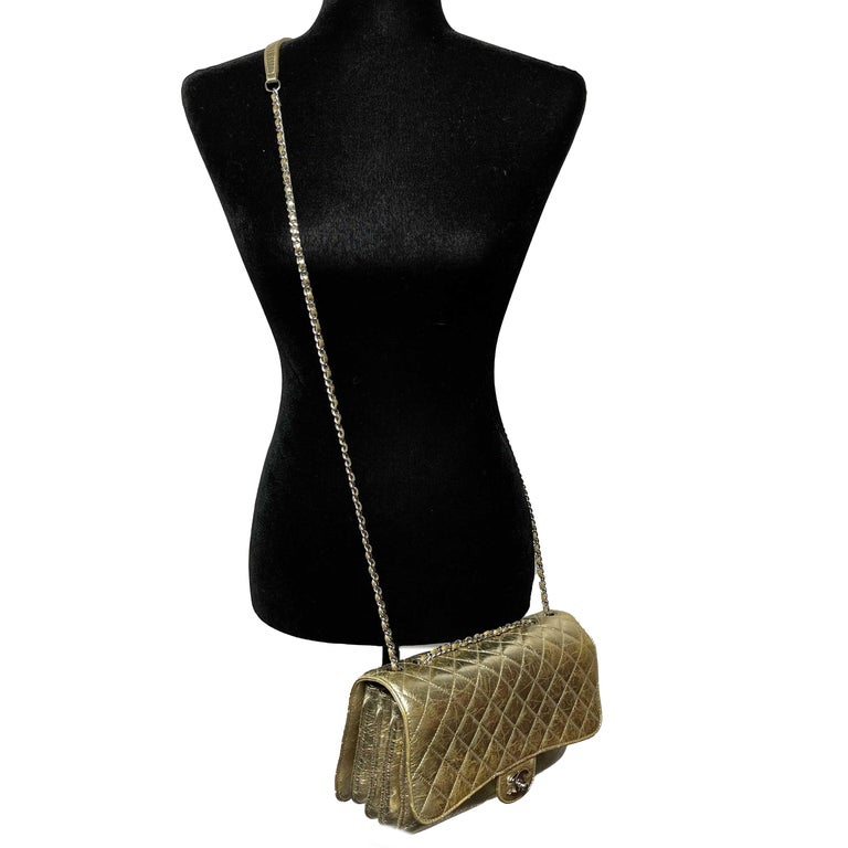 CHANEL Quilted Distressed Glazed Gold Leather Accordion Flap Shoulder Bag For Sale at 1stDibs
