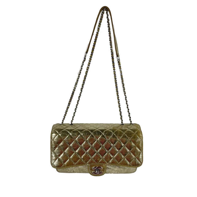 CHANEL Quilted Distressed Glazed Gold Leather Accordion Flap Shoulder Bag For Sale at 1stDibs
