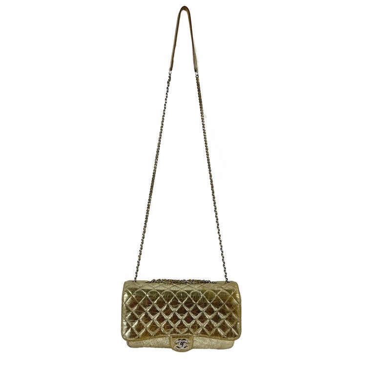 CHANEL Quilted Distressed Glazed Gold Leather Accordion Flap Shoulder Bag For Sale at 1stDibs