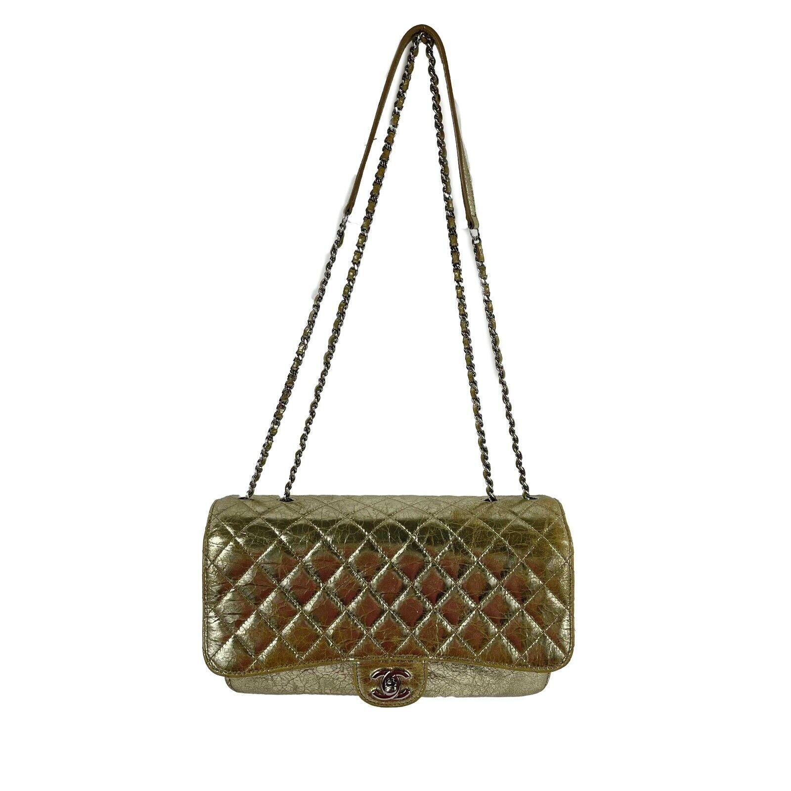 CHANEL Quilted Distressed Glazed Gold Leather Accordion Flap Shoulder Bag Medium 6