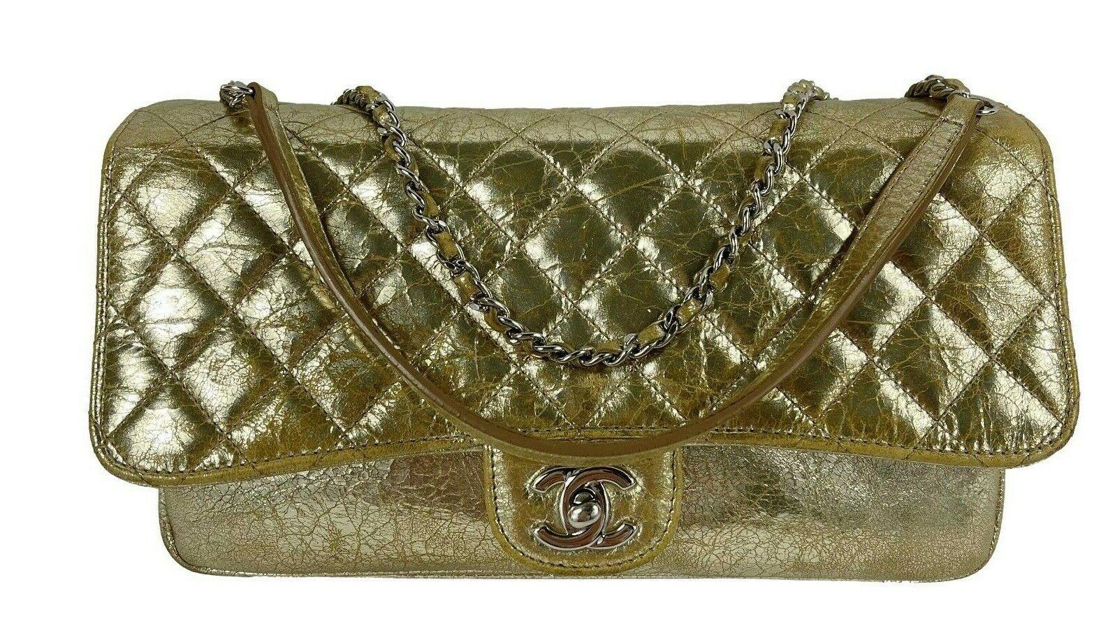 CHANEL Quilted Distressed Glazed Gold Leather Accordion Flap Shoulder Bag Medium 7